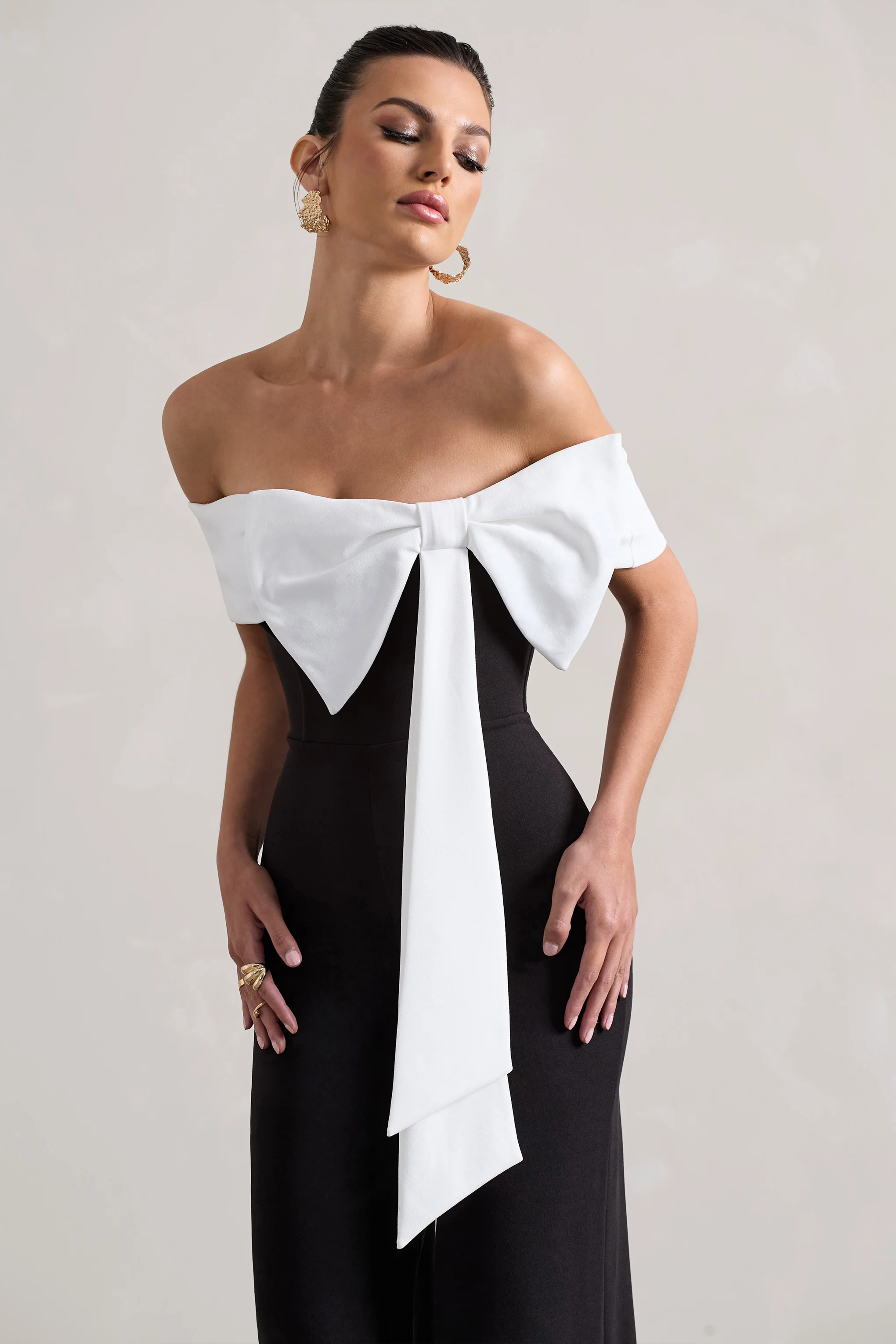 Bower | Black Bardot Straight-Leg Jumpsuit With Bow - Image 3